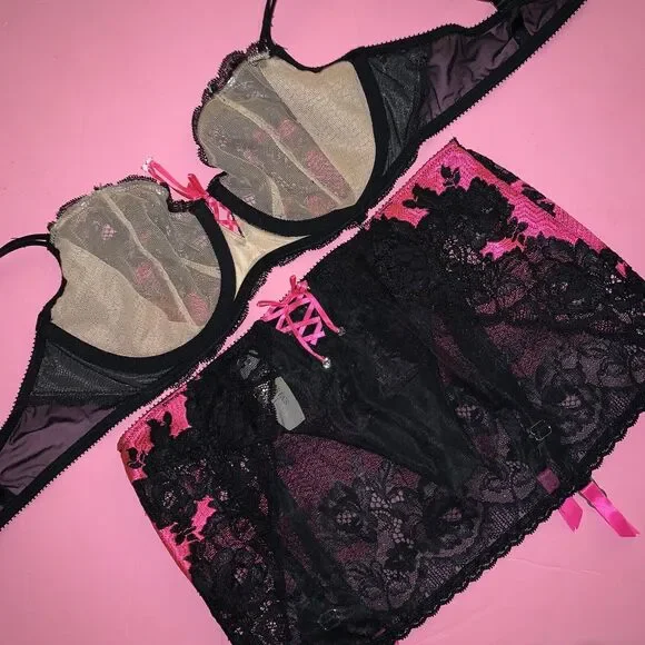 Victoria's Secret unlined 34C BRA SET+garter skirt HOT pink BLACK SEXY SEDUCTION - Picture 3 of 3